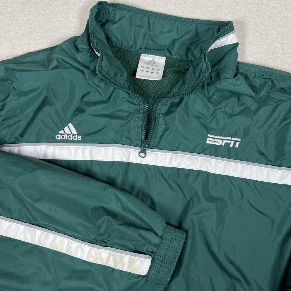 Vintage Adidas ESPN Windbreaker Jacket Mens Large Green Pullover 1/4 Zip Striped